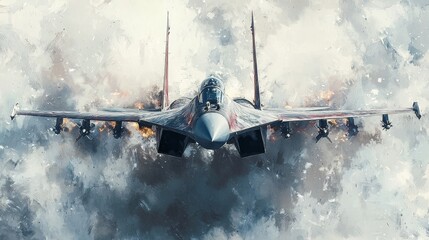 Watercolor aircraft in a high-speed pass, with dynamic motion and soft, blurred backgrounds.