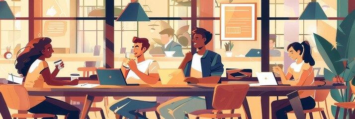 Poster - A group of young entrepreneurs brainstorm ideas over coffee while surrounded by laptops and notebooks in a stylish cafe setting. Generative AI