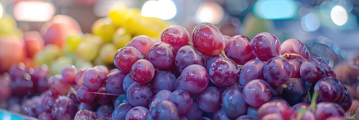 Sticker - Lively, ripe purple grapes showcased on a fruit store counter for sale.