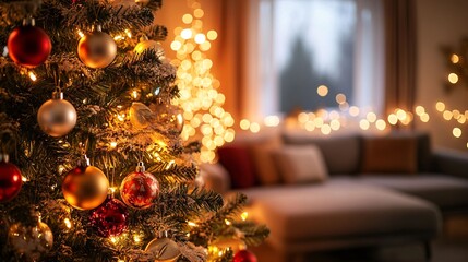 Wall Mural - A beautifully decorated Christmas tree with twinkling lights and ornaments set against a soft-focus background of a cozy living room