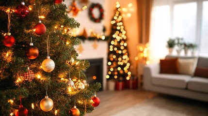 Wall Mural - A beautifully decorated Christmas tree with twinkling lights and ornaments set against a soft-focus background of a cozy living room