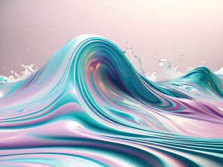 Wall Mural - 3D Iridescent Liquid Waves Flowing Liquid Surface with Iridescent Colors and Smooth, Reflective Texture in Motion