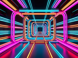 Wall Mural - 3D Neon Light Tubes Intersecting Glowing Neon Tubes in Vibrant Colors, Creating Dynamic Light Patterns