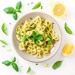 Wall Mural - Top View of Lemon, Basil, and Mint Pesto Pasta on a White Background. Fresh and Flavorful Pasta Dish with a Zesty Lemon Basil Mint Sauce, Ideal for a Light and Refreshing Meal.