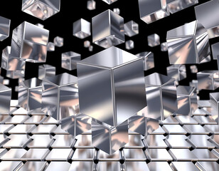 Wall Mural - Abstract 3D Cube Matrix Floating Metallic Cubes in a Dynamic Grid Formation with Reflective Surfaces