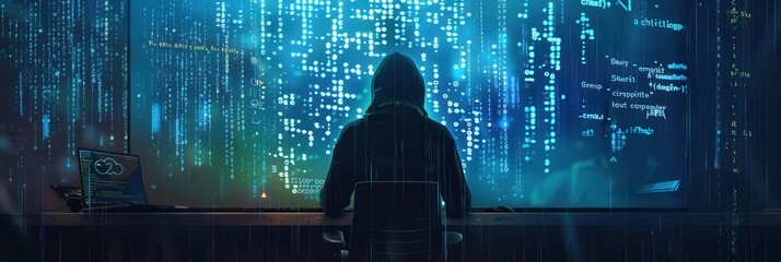 Leinwandbilder - A hacker in a dark hoodie intently works on a computer, illuminated by a large screen filled with flowing, matrix-style code. Generative AI