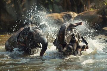 Elephants enjoy a lively splash in the river, creating a joyful scene of water droplets and fun in a serene natural setting. Generative AI