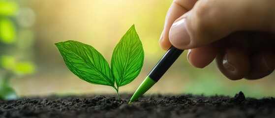 Wall Mural - Hand Planting Green Leaf in Soil with Pen - Concept of Sustainable Growth and Environmental Care