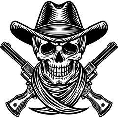 Poster - Cowboy Skull Head with Double Gun and Hat Black and White Vector Illustration