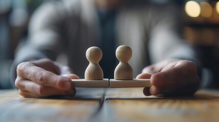 A person holds two wooden figures, symbolizing connection and collaboration in a warm, inviting workspace setting.