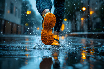 Close-up of a Runner's Foot Hitting Wet Pavement during a Rainy Day.