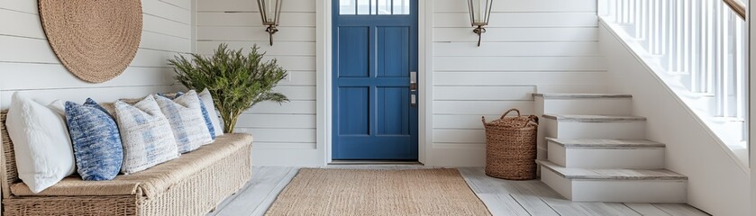 Wall Mural - A white wooden porch with a blue door, a woven bench with cushions, a wicker basket, and a wooden railing.