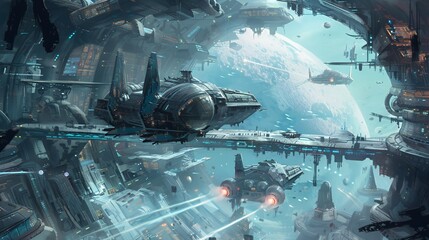 A futuristic city with flying ships and a planet in the distance.