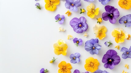 Wall Mural - Yellow and purple flowers on white surface spring and Easter theme Overhead view with room for text