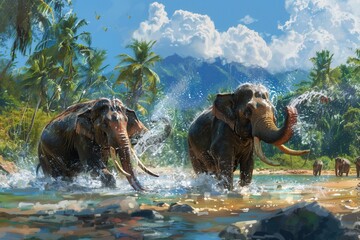 Poster - Elephants enjoy a refreshing splash in a serene river, surrounded by tropical trees and majestic mountains under a clear blue sky. Generative AI