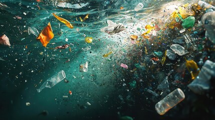 Underwater view of floating plastic waste creating environmental pollution in the ocean highlighting urgent ecological issues