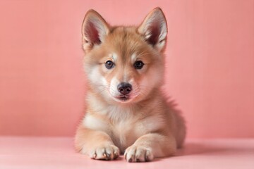 Charming Puppy Poses Against Pink Background