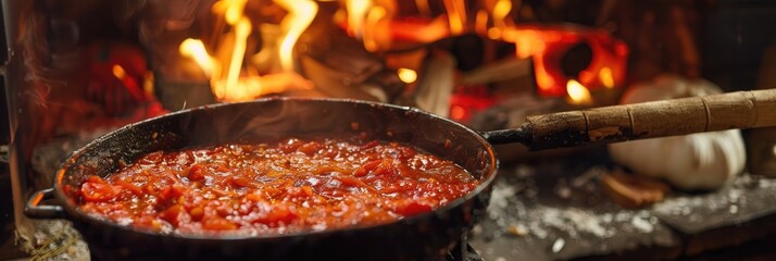 Poster - Sizzling tomato sauce on an open flame in a charming rustic kitchen