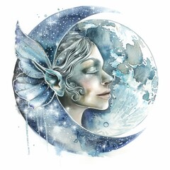 Wall Mural - Watercolor painting of a charming moonlight pixie bathing in the glow of the full moon, on isolated white background