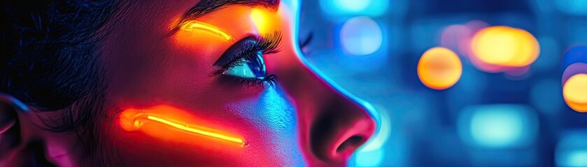Poster - A close-up of a woman's face illuminated by vibrant neon lights, showcasing a blend of technology and beauty in a modern setting.