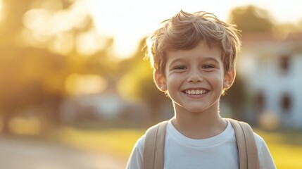 Young boy smiling warmly outdoors during golden hour with a backpack.