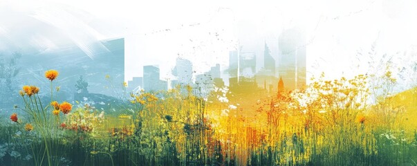 Poster - A vibrant cityscape blending beautifully with wildflowers, showcasing nature's splendor alongside urban life.