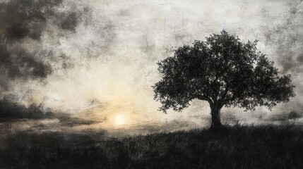 Aufkleber - A solitary tree stands against a dramatic sky at sunset, capturing the beauty of nature and serenity in black and white tones.
