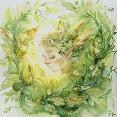 Wall Mural - Watercolor painting of a gentle forest sprite surrounded by swirling leaves and dappled sunlight, on isolated white background