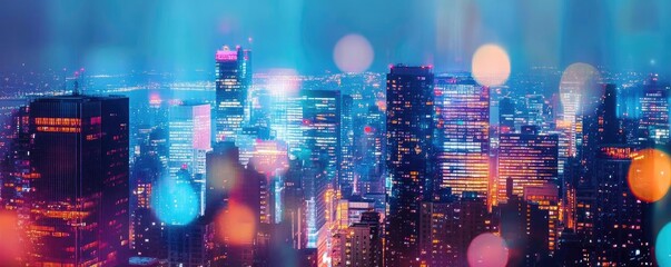 Poster - Vibrant city skyline illuminated by colorful lights, showcasing a stunning urban landscape at night with a blurred bokeh effect.
