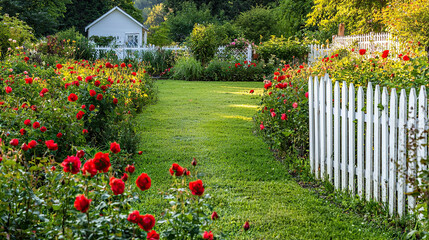 Wall Mural - Stunning Photograph of a Lush Garden Filled with Vibrant Red Rose Flowers, Surrounded by a White Picket Fence and Lush Green Lawn, Blooming Floral Paradise, Colorful Garden Landscape