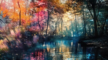 Poster - A serene forest scene reflecting vibrant autumn colors in a tranquil river, capturing nature's beauty and peaceful atmosphere.
