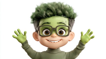 Cheerful cartoon character with green hair and glasses, smiling and waving. Perfect for children's media and playful designs.