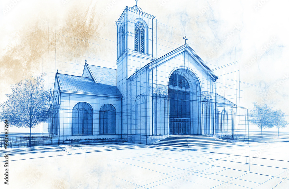 Architectural Blueprint of a Church Detailing Structural Elements and ...