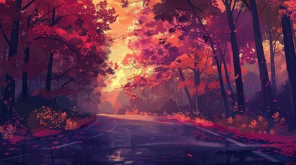 Poster - The road passes through a lively autumn forest. It has leaves in shades of red, orange and yellow, creating a colorful and cozy scene.