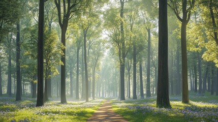 Wall Mural - Sunbeams Through Misty Forest Path with Blue Wildflowers