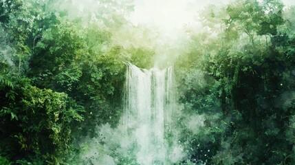 Poster - Serene waterfall cascading through lush greenery, enveloped in mist, creating a peaceful and tranquil natural landscape.