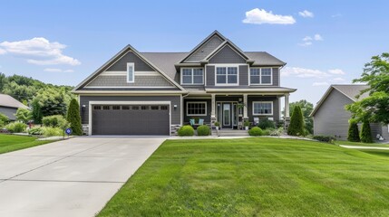 Poster - Generate an image of a suburban home exterior with a well-kept lawn, driveway, and welcoming entryway, highlighting everyday family living.