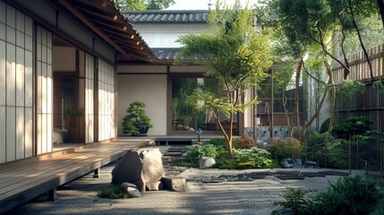 Poster - Generate an image of a traditional Japanese home exterior with a Zen garden, sliding doors, and natural materials, showcasing tranquility and cultural heritage