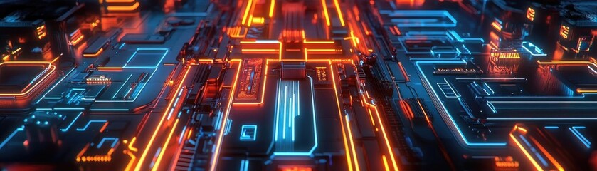 Poster - Futuristic circuit board design with vibrant neon lights highlighting intricate pathways and connections in a digital landscape.
