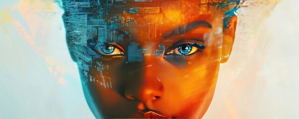 Poster - A vibrant portrait of a woman with striking eyes, blending digital art and technology to create a captivating visual experience.