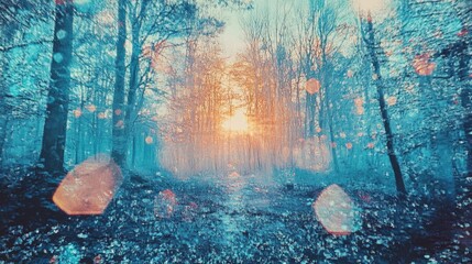 Poster - A serene forest scene illuminated by soft light, featuring mist and vibrant colors that evoke peace and tranquility.