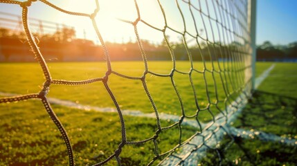 Sticker - High-definition photo of football goal nets on a sunlit field.