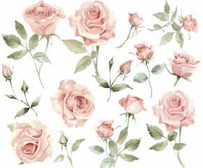 Wall Mural - Pink Rose Watercolor Collection: A delicate array of pink roses in various stages of bloom, perfect for adding a touch of elegance and romance to your designs.  