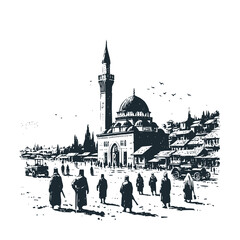 Poster - The mosque with minaret in Bosnia. Black white vector illustration.

