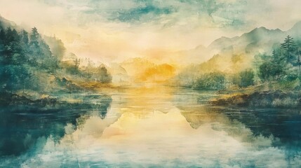 Poster - A serene watercolor landscape depicting mountains and a tranquil lake during sunrise, reflecting vibrant colors and peaceful nature.