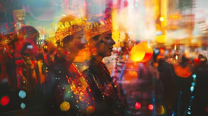 Aufkleber - Colorful parade with vibrant costumes and lights, showcasing cultural celebration and joy in a lively atmosphere.