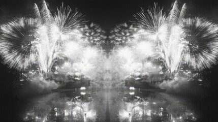 Poster - A stunning display of fireworks reflecting in water, creating a mesmerizing black and white visual effect that captures festive excitement.