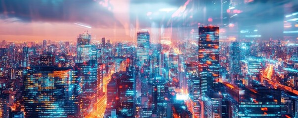 Poster - A vibrant city skyline illuminated by skyscrapers and dynamic lights at dusk, showcasing urban life and modern architecture.