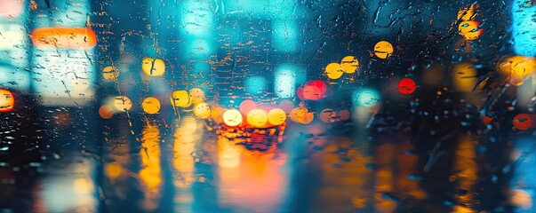 Poster - A vibrant city scene captured through a rain-soaked window, showcasing blurred lights and colors in a mesmerizing urban setting.