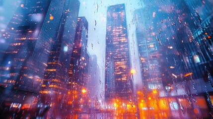 Poster - A vibrant city skyline during rain, showcasing illuminated buildings through raindrops for a striking atmospheric effect.